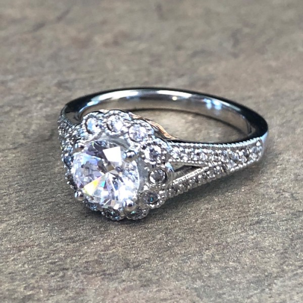14K White Gold Floral Split Shank Halo Engagement Ring